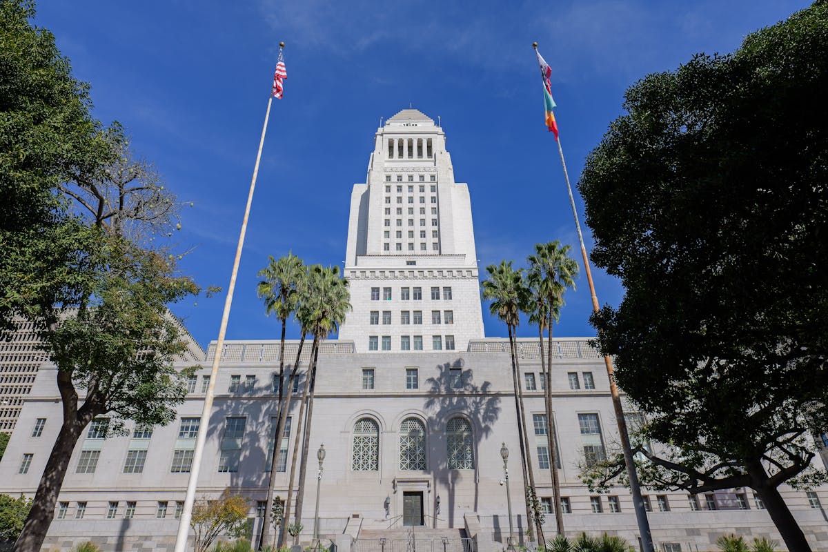 Los Angeles City Hall surrounded by palm trees